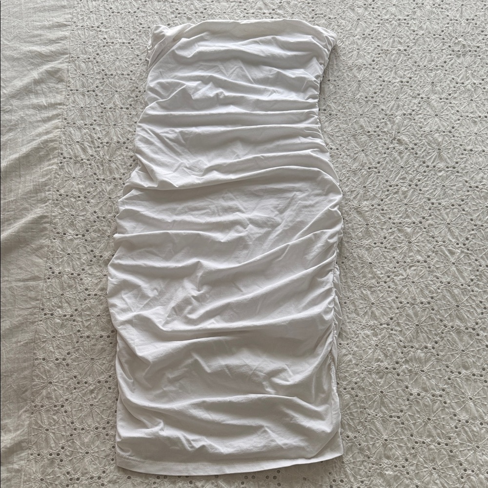 Tiger Mist White Ruched Strapless Bodycon Dress